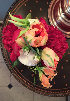 Jen Jakobsen Floral Construction: Home page - special weddings - orange viridiflora tulip, orange nerine, red peony, white tulip